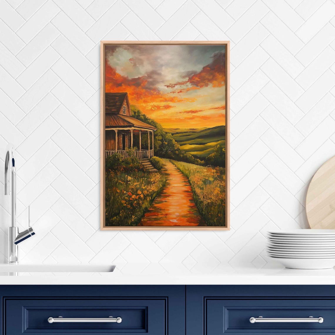 Rustic Farmhouse At Sunset Wall Art Print Serene Landscape With Rolling Hills