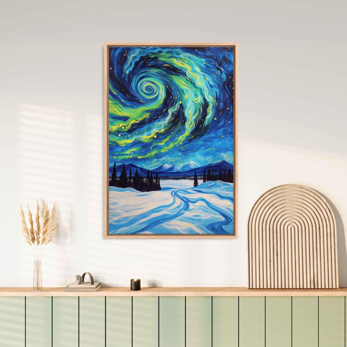 Blue Green Aurora Spiral Swirling Over Snowy Winter Plain Night Sky Poster