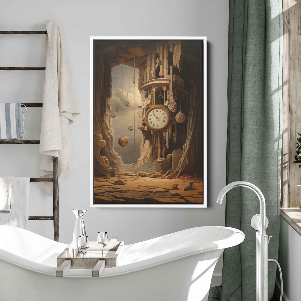 Surreal Grandfather Clock In Rocky Cave Desert Ruins Art Print - Image 2