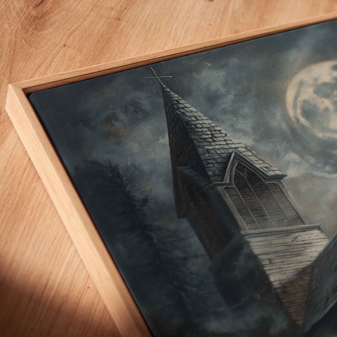 Haunted Church Foggy Graveyard Moonlit Night Eerie Halloween Art Print - Image 2