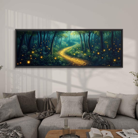 Enchanted Firefly Forest Wall Art Print Twilight Glow Mysterious Pathway Lush Nature Adventure