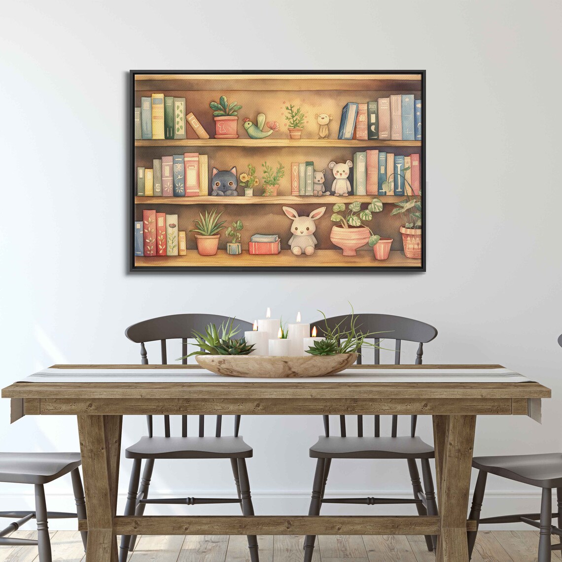 Watercolor Bookshelf With Cute Stuffed Animals and Plants Nursery Wall Poster - Image 3