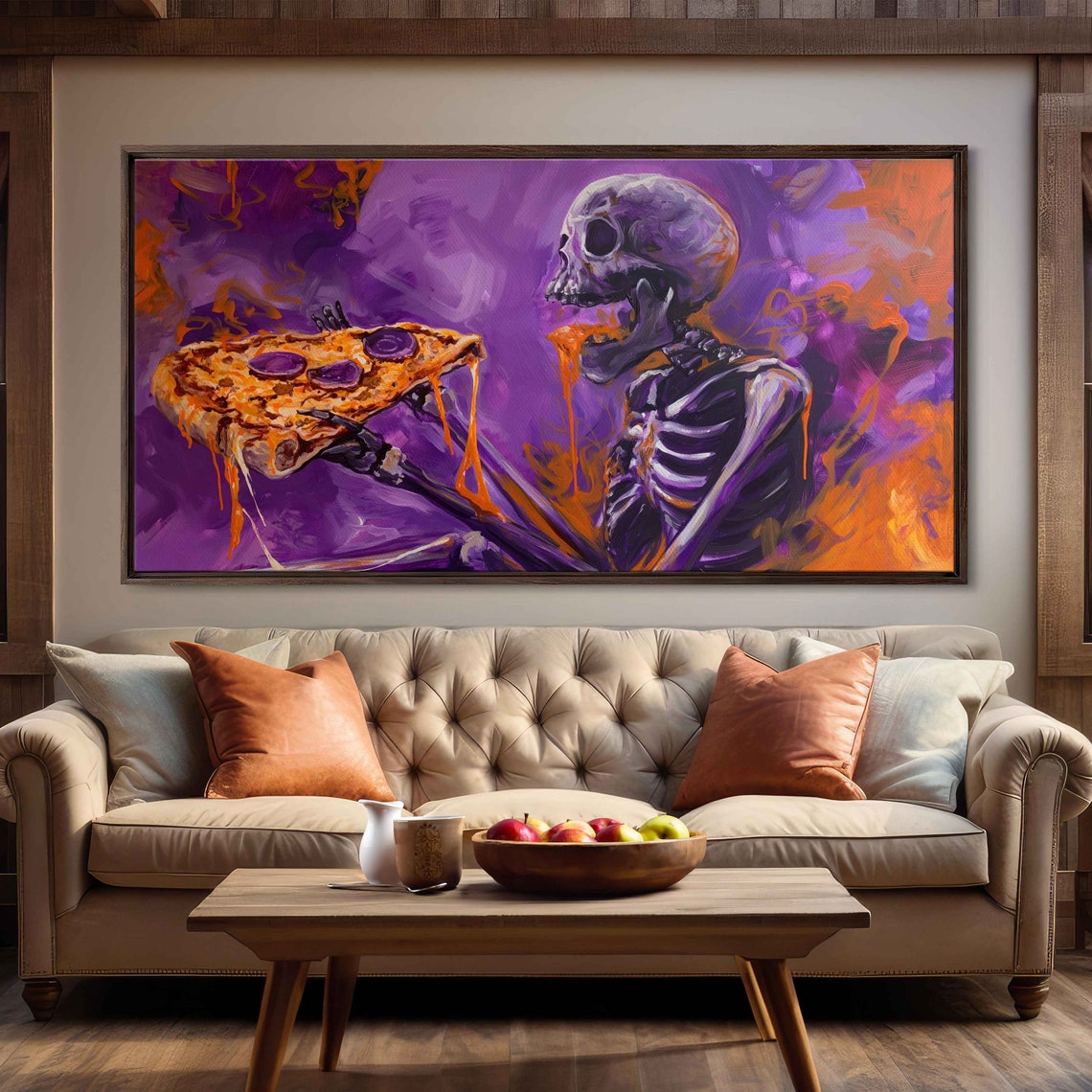 Skeleton Eating Pizza Slice Vibrant Purple Orange Halloween Wall Art - Image 3