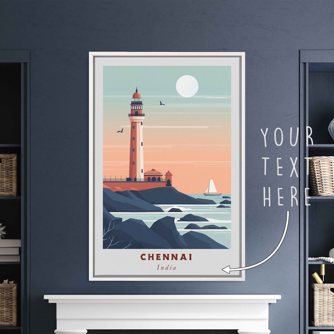 Chennai India Lighthouse Rocky Coast Sailboat Sunset Art Travel Poster