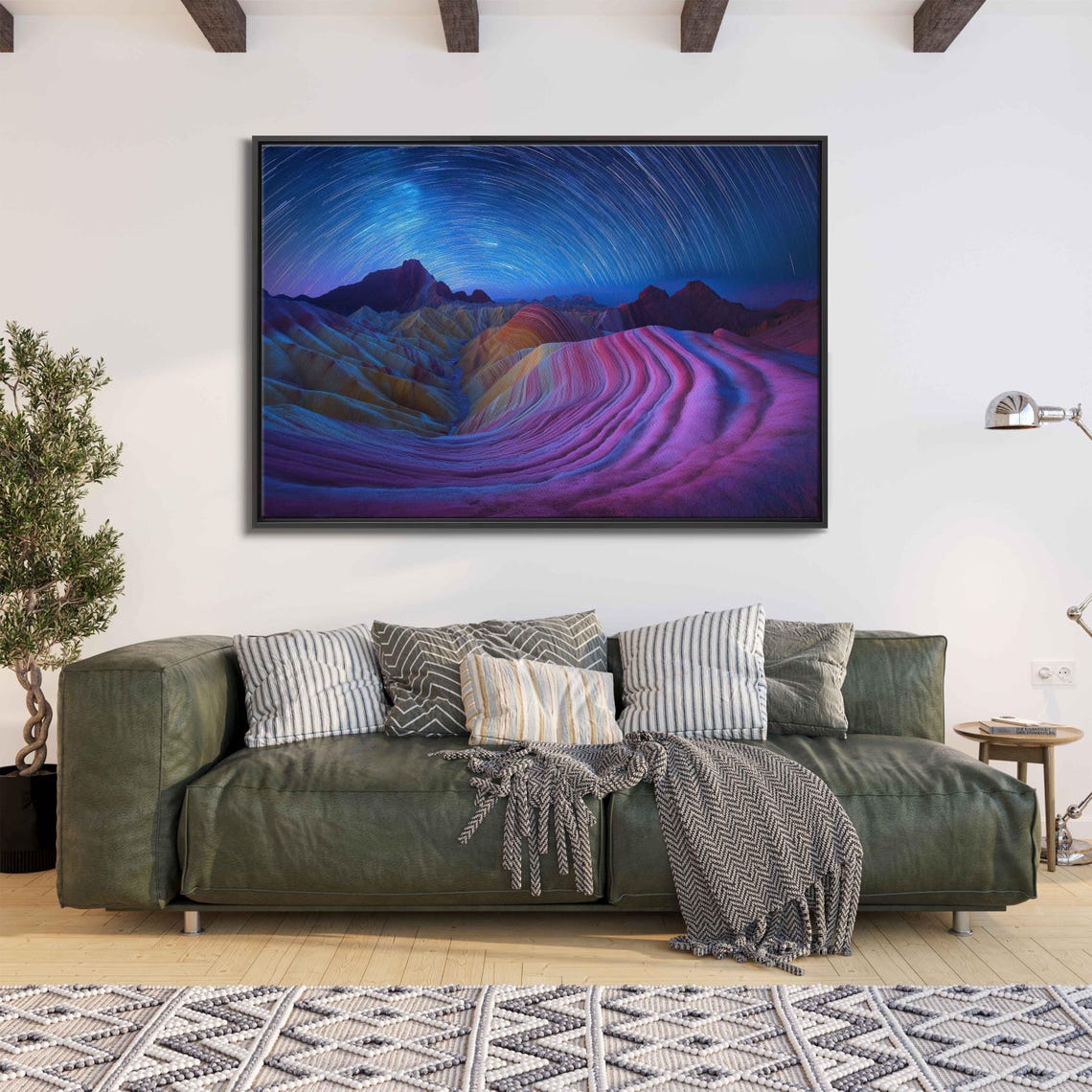 Star Trails Over Rainbow Striped Desert Rock Formations Poster