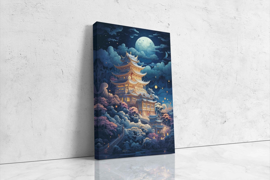 Chinese Pagoda Temple Under Full Moon Night Sky Lanterns Art Poster - Image 4