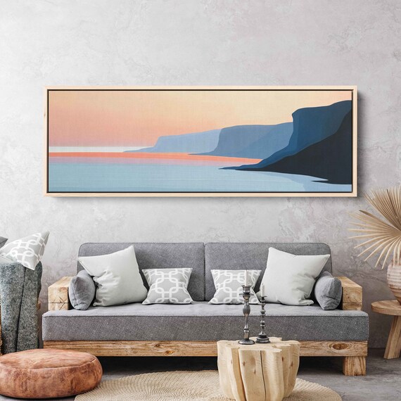 Minimalist Coastal Cliffs Sunset Panoramic Blue Sea Pink Sky Ocean Art Poster