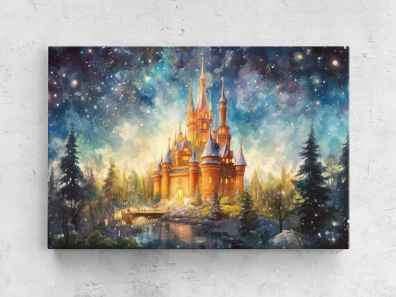 Golden Castle by Lake Glowing Spires Starry Night Snow Art Poster