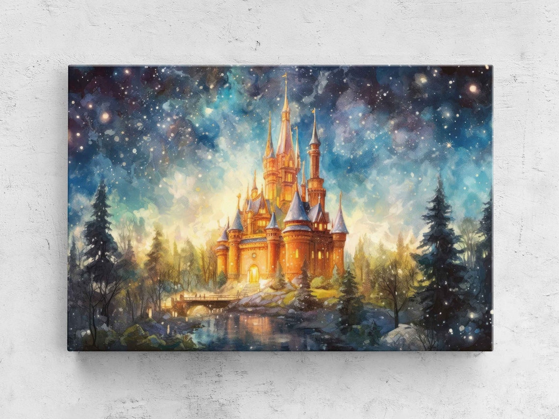 Golden Castle by Lake Glowing Spires Starry Night Snow Art Poster