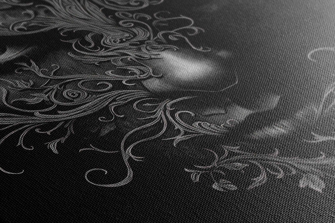 Mysterious Gothic Face Emerging From Ornate Filigree Swirls Monochrome Art Poster - Image 2