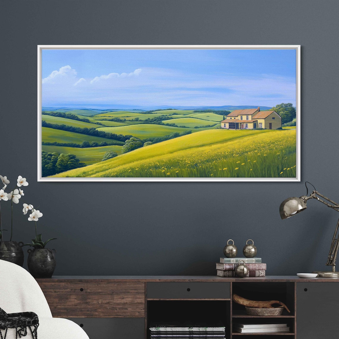 Country Farmhouse on Rolling Green Hills Under a Wide Blue Sky Poster