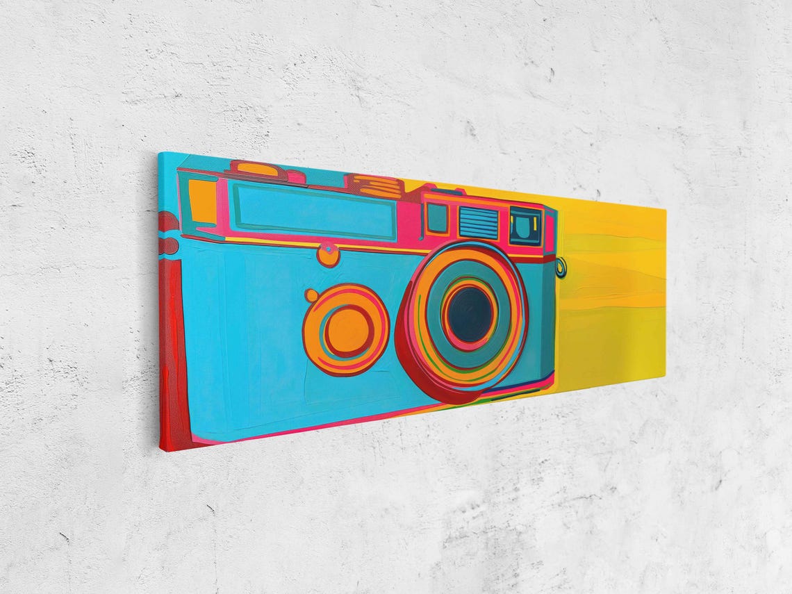 Pop Art Turquoise Vintage Camera Yellow Background Panoramic Poster - Image 4