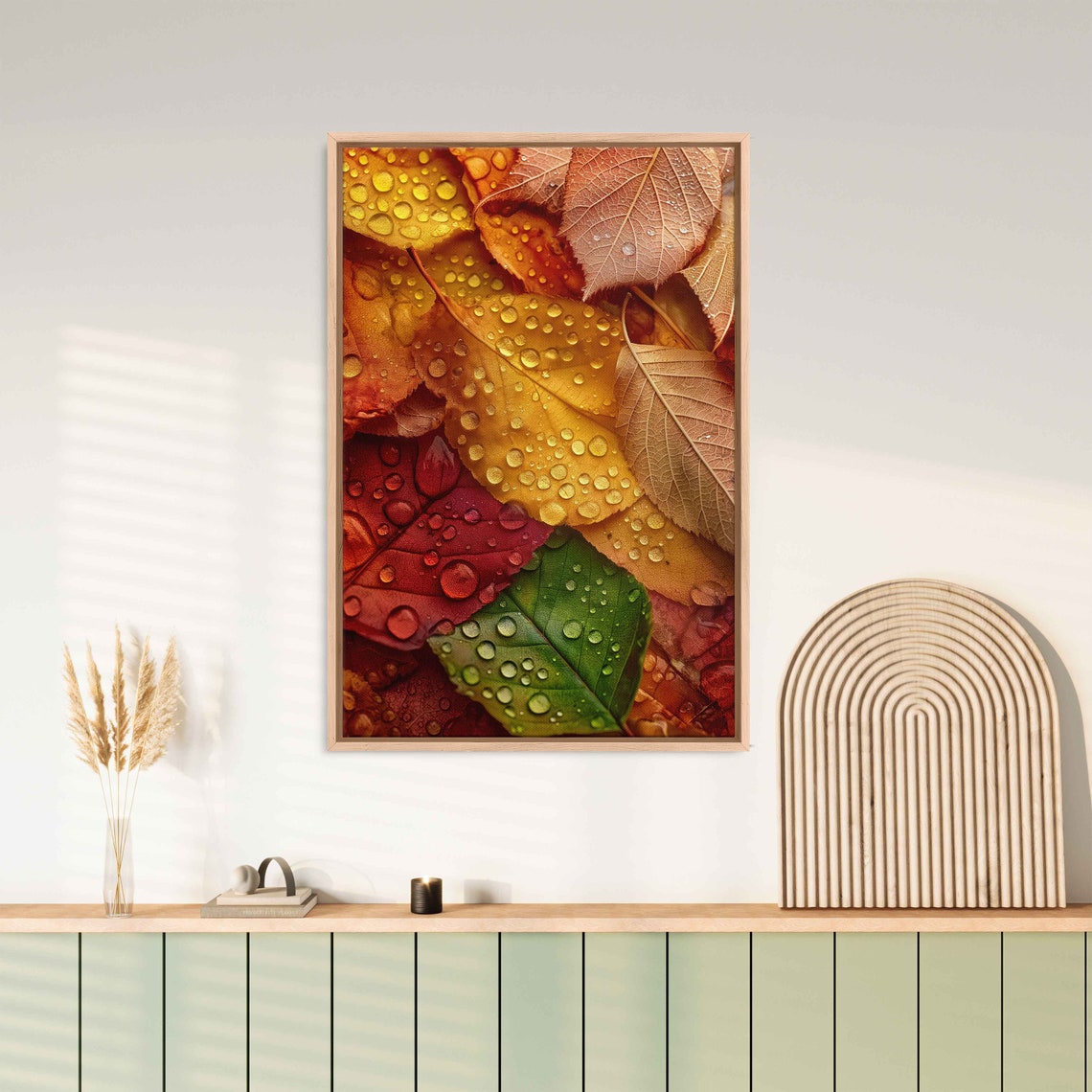 Dew Covered Colorful Autumn Leaves Close Up Macro Nature Photo Poster