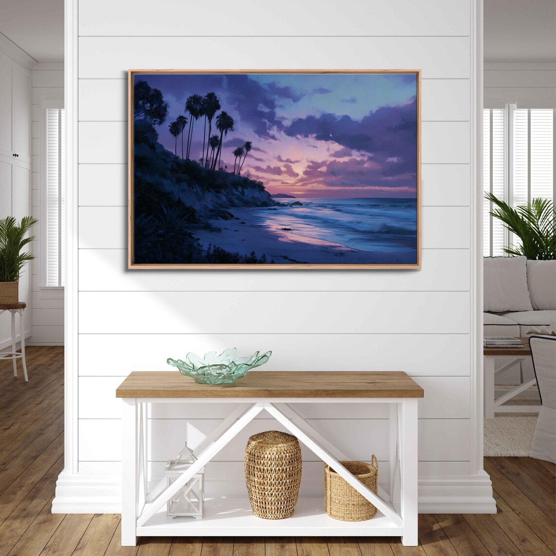Tranquil Beach Scene, Silhouetted Palm Trees Dusk Sky - Image 3