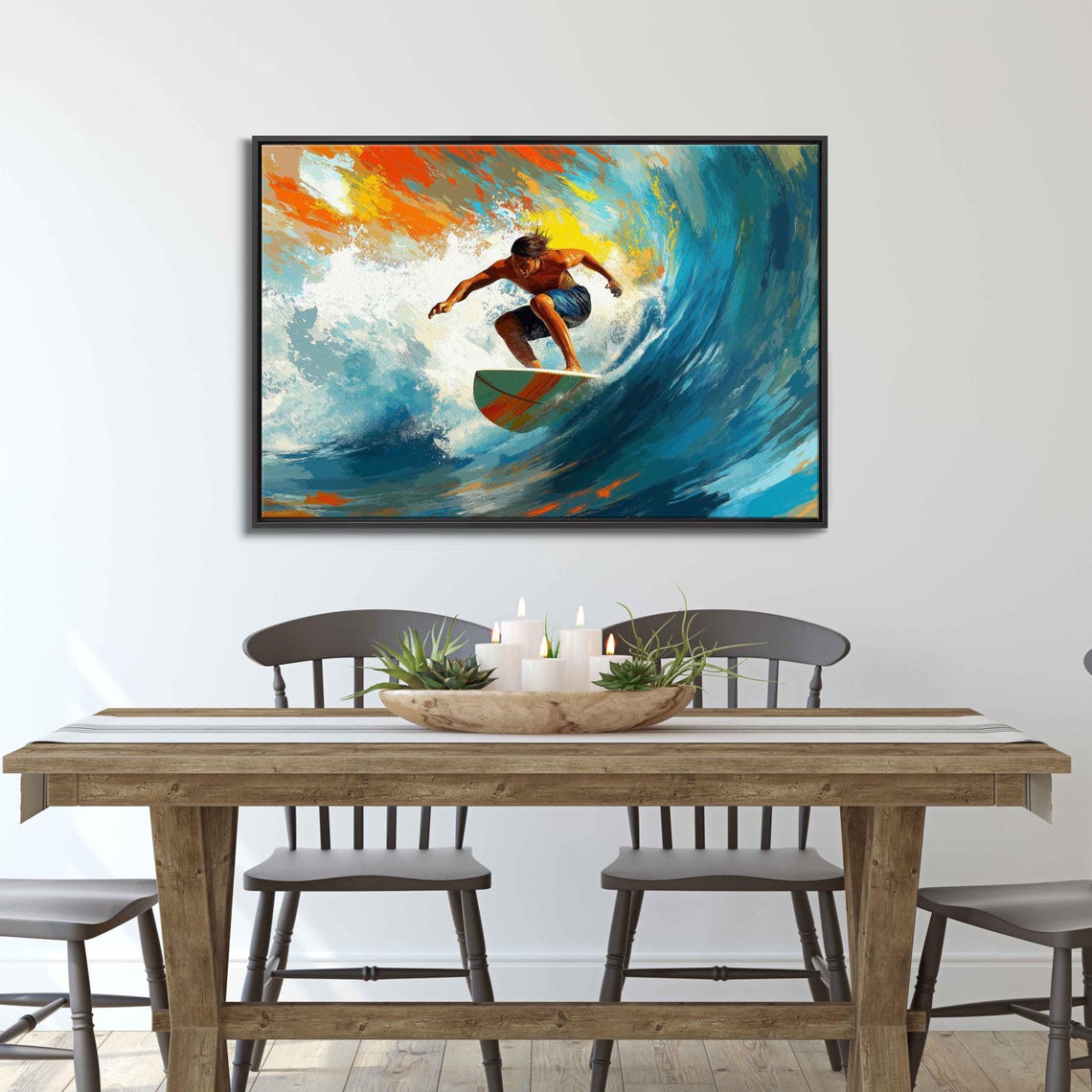 Surfer Catching Wave During Sunset Wall Art Print Gift For Surfer Blue Water Vibrant Colors Ready To Hang