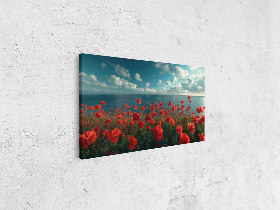Red Poppy Flowers Field Ocean Backdrop Blue Sky Panoramic Wall Art - Image 4