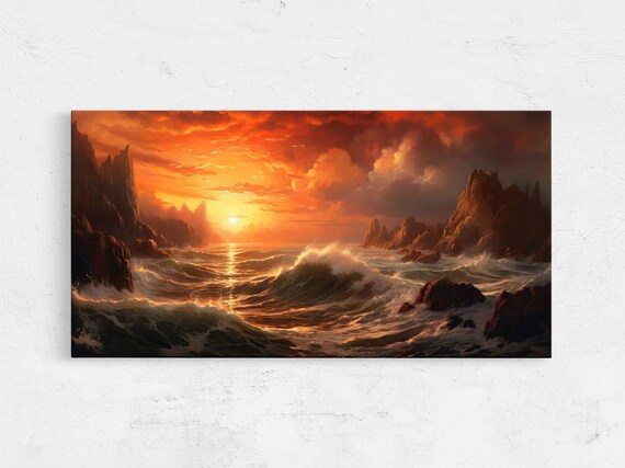 Crashing Ocean Waves at Sunset Rocky Cliffs Seascape Painting Poster