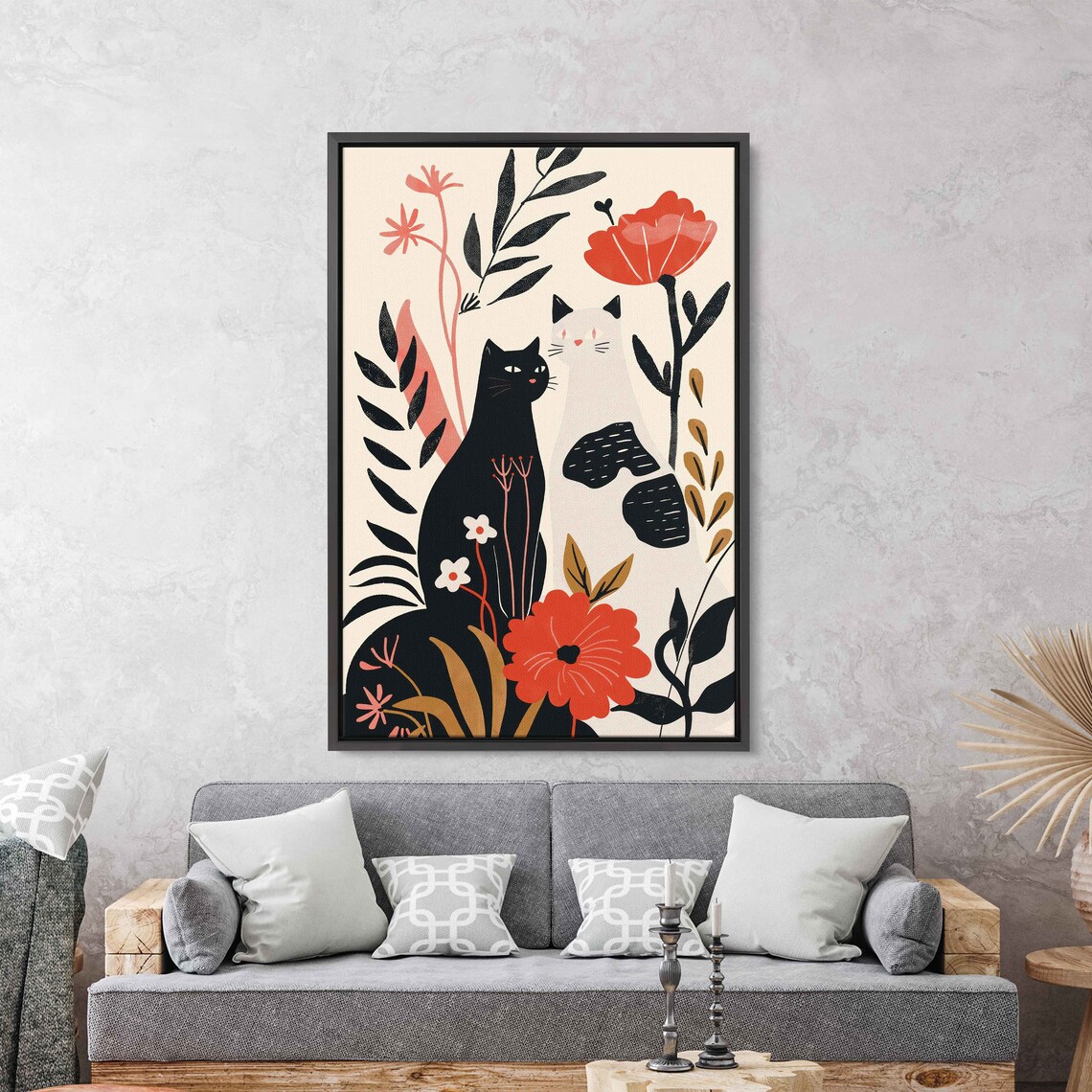 Black and White Cats Among Red Flowers Matisse Style Modern Art Print - Image 2
