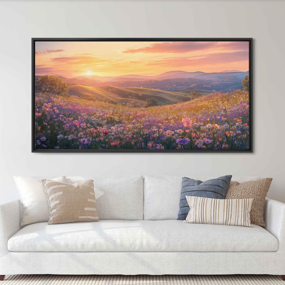 Rolling Hills Wildflowers Golden Hour Sunset Meadow Landscape Poster