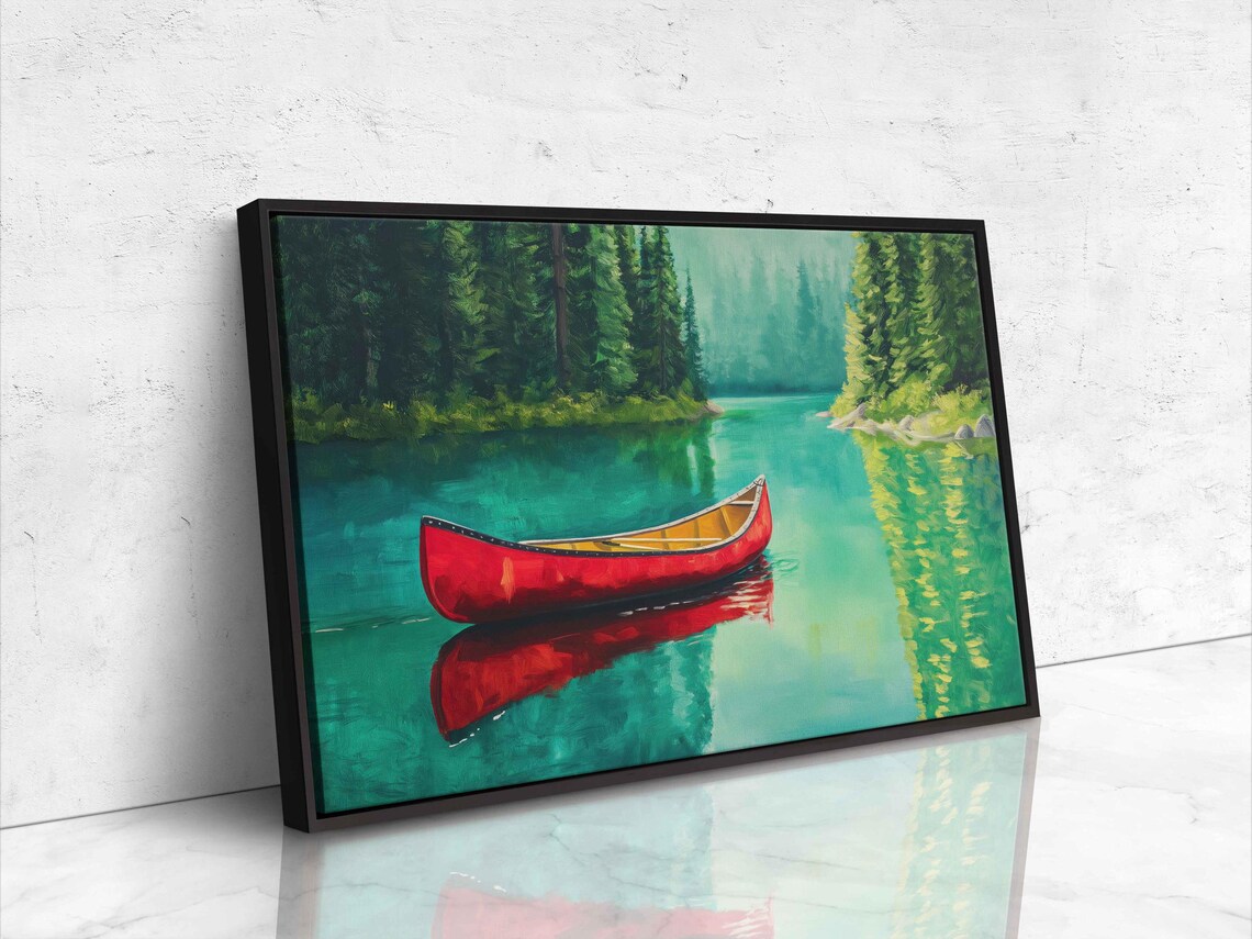 Red Canoe On Emerald Lake, Tranquil Nature Scene - Image 4