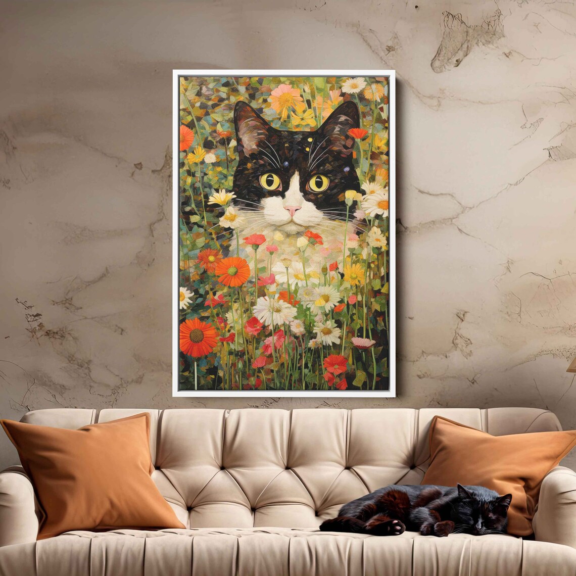 Black And White Garden Cat In Flowers Art Print - Image 3
