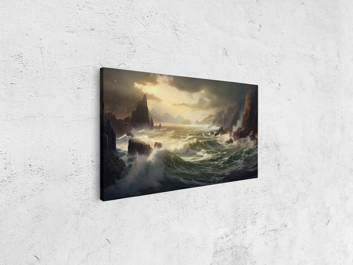 Crashing Waves Rocky Sea Cliffs Stormy Golden Coast Seascape Poster - Image 4