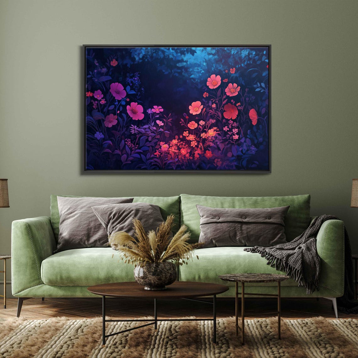 Neon Pink Flowers Twilight Garden Dark Blue Bloom Painting Poster - Image 3