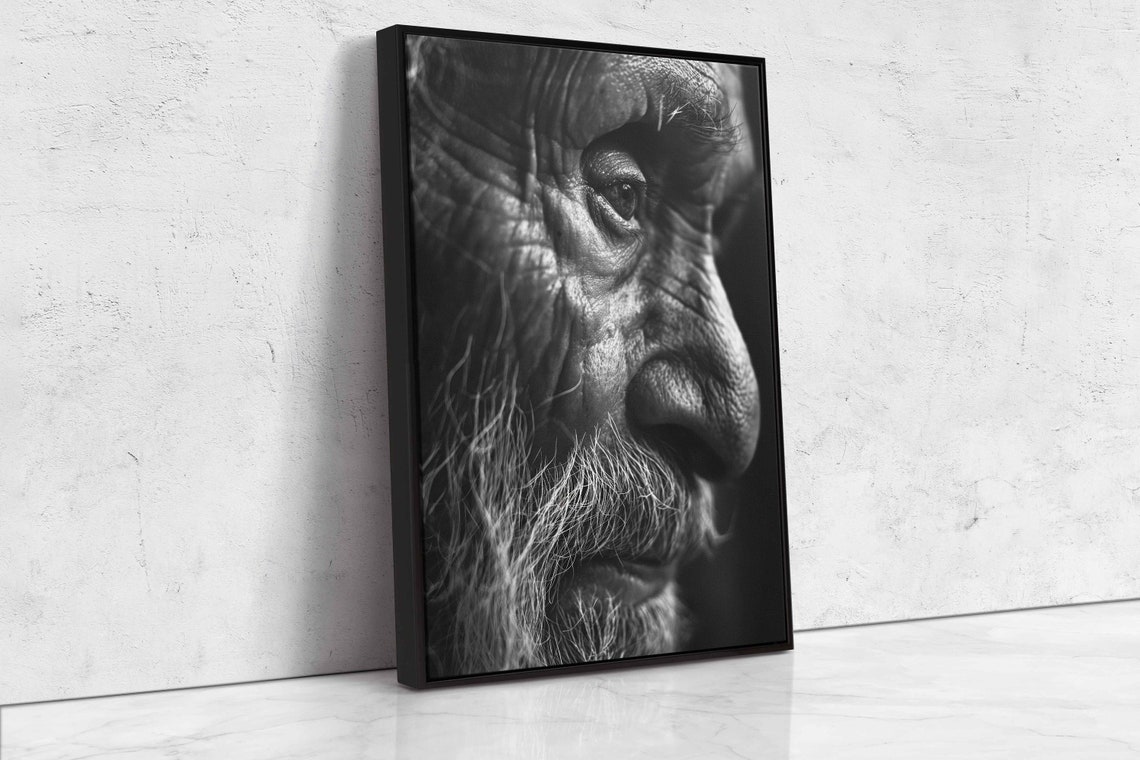 Elderly Man Weathered Face Close Up Black and White Portrait Wall Art - Image 4
