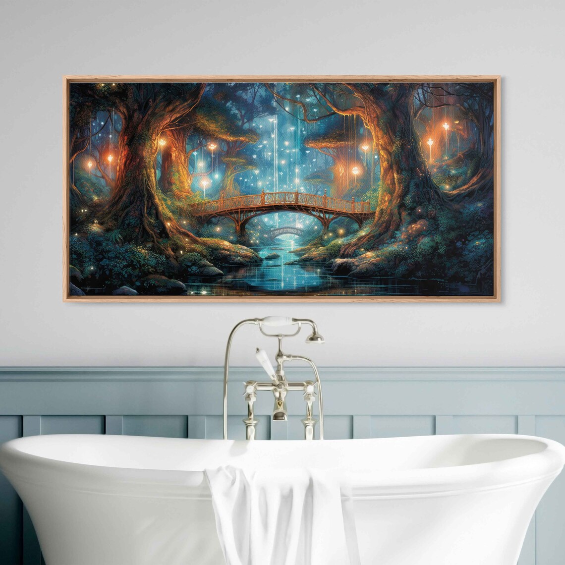 Enchanted Firefly Forest With Bridge Fantasy Art Framed Print Ready To Hang Panoramic Painting - Image 3