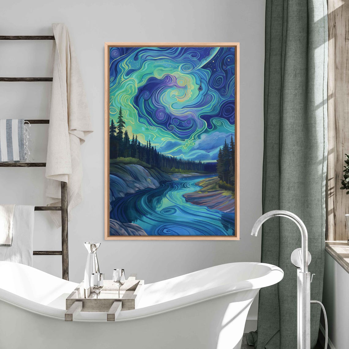 Swirling Green Aurora Over Winding River And Pine Forest Night Poster - Image 3