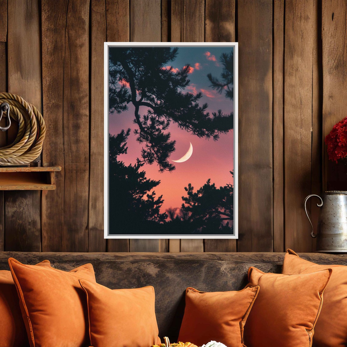 Crescent Moon Shown Through Tree Branches Wall Art Print Vibrant Pink Sky Nature Painting Ready To Hang - Image 2