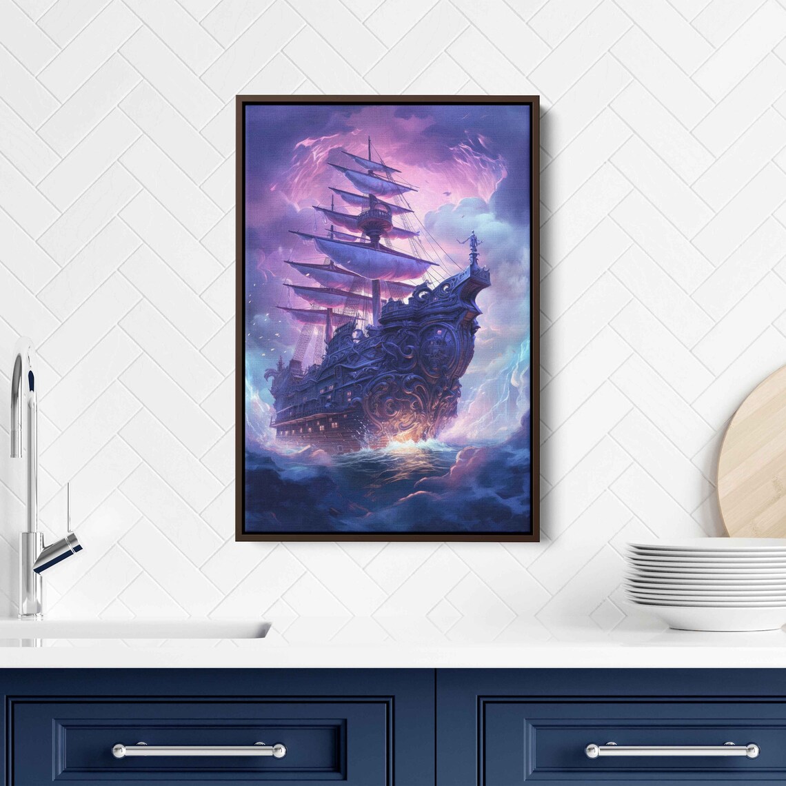 Ghostly Pirate Ship Tattered Sails Violet Storm Clouds Fantasy Ocean Poster - Image 2