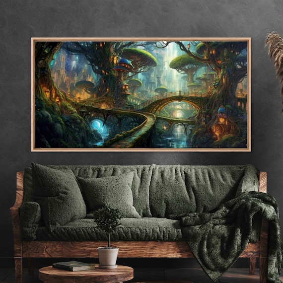 Enchanted Forest Village Castle Winding Wooden Bridges Fireflies Fantasy Art Wall Art Print Ready To Hang Panoramic Painting