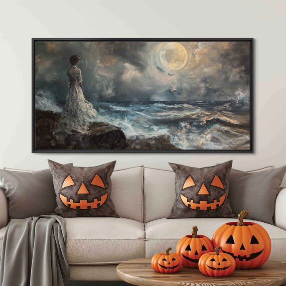 Ghostly Woman In Vintage Dress On Cliff Moonlit Ocean Halloween Art