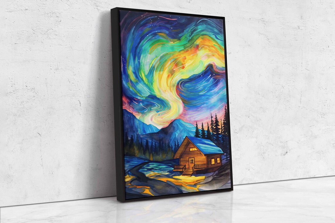 Rainbow Aurora Borealis Over Cozy Log Cabin Mountain Retreat Night Poster - Image 4