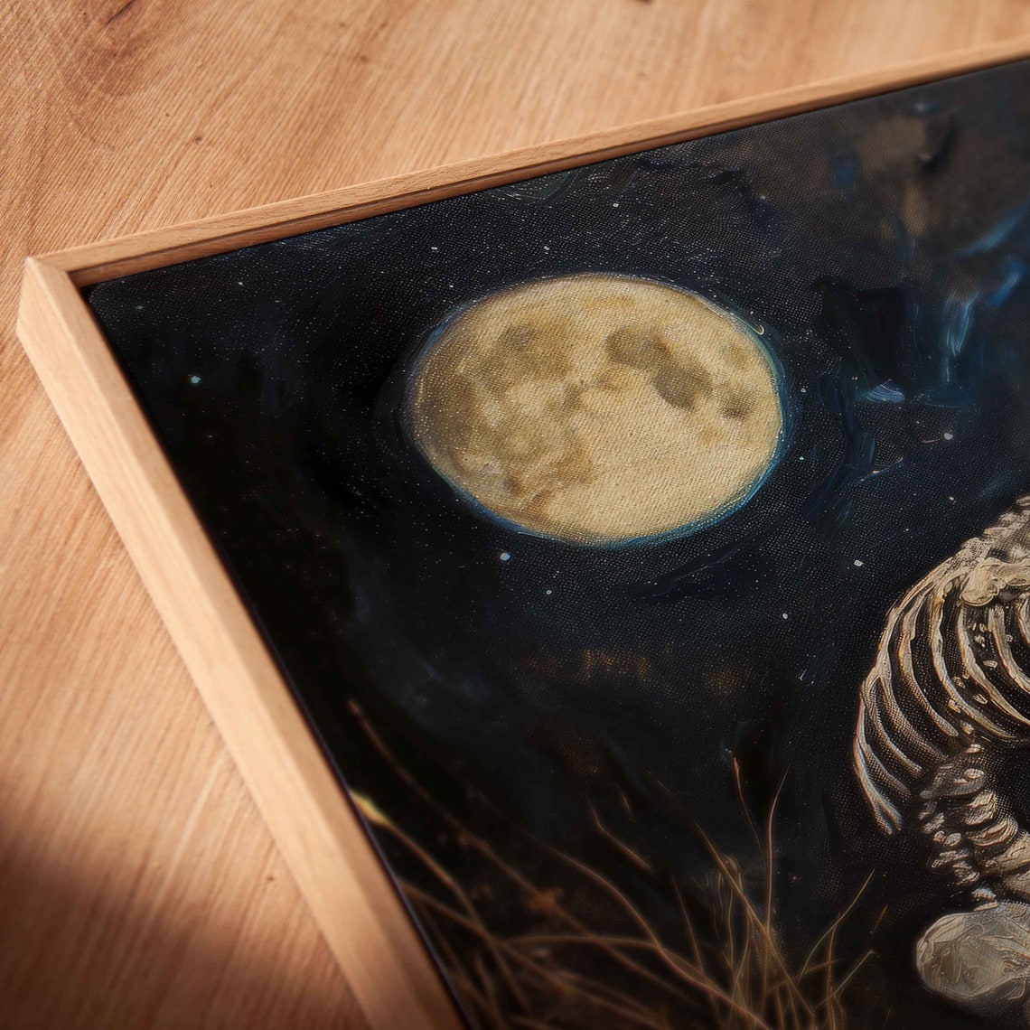 Skeleton Eating Pizza Under Full Moon Spooky Oil Painting Print - Image 2