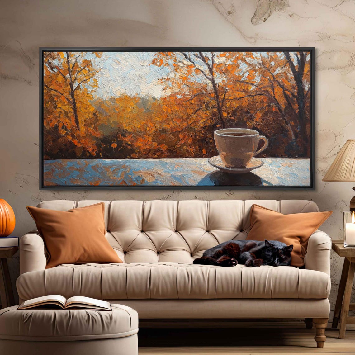 White Coffee Cup Against Golden Autumn Forest Impasto Art Print - Image 3