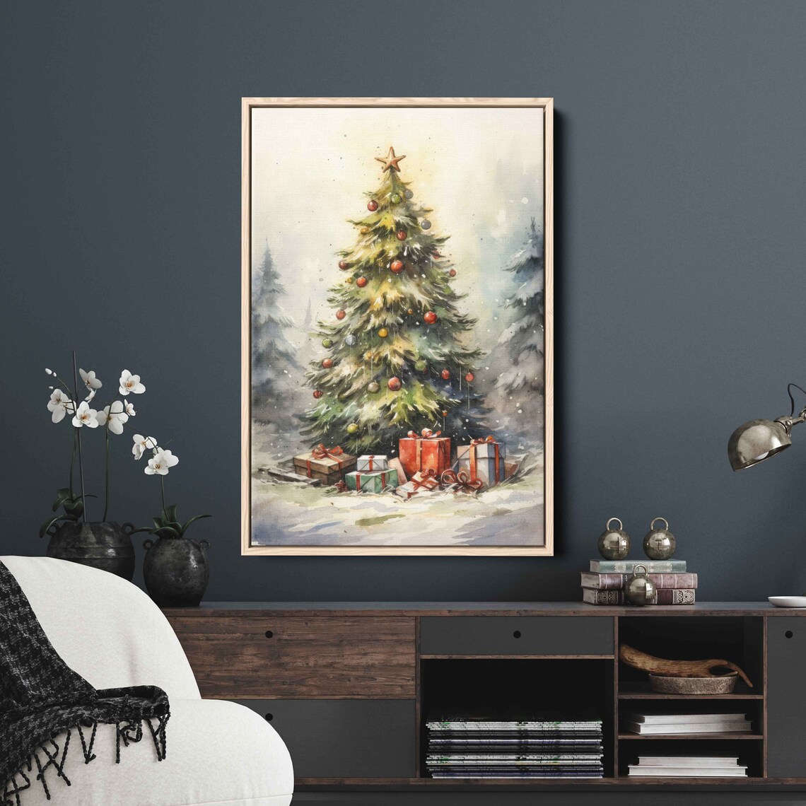 Festive Watercolor Christmas Tree Gifts Snowy Pines Holiday Poster - Image 4