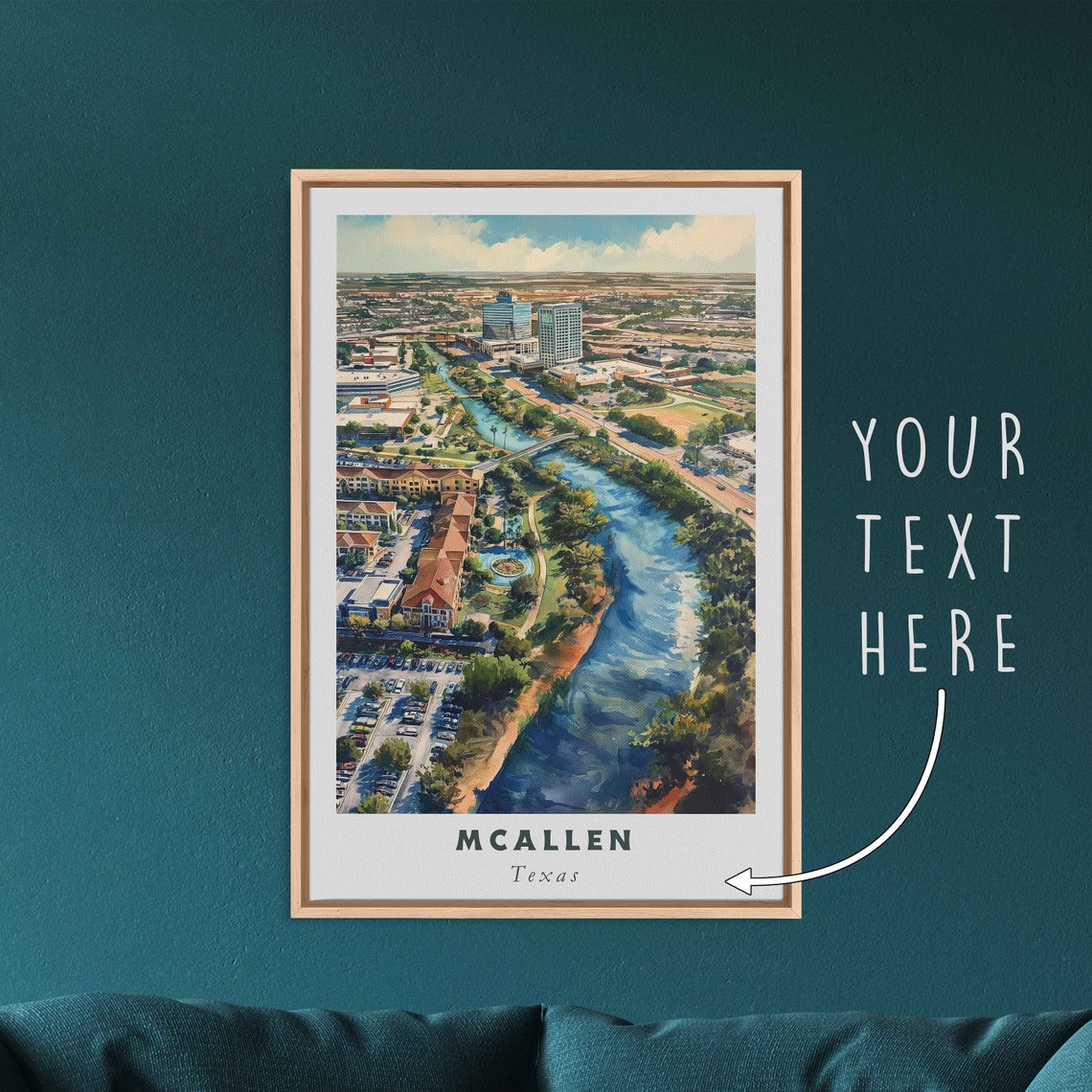 McAllen Texas Aerial Downtown River View Sunny Day Travel Poster