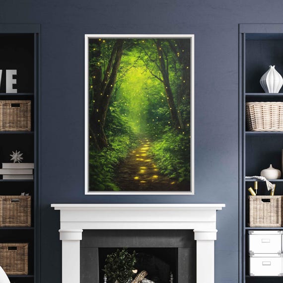 Enchanted Forest Wall Art Print Vibrant Light Of Fireflies Fairy Tale Scene