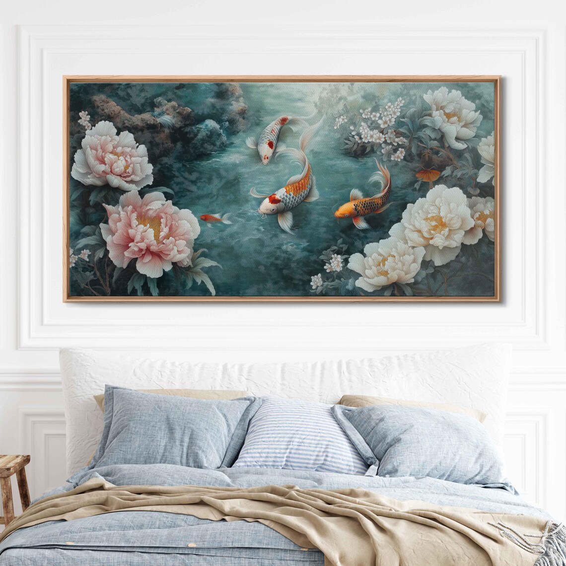 Koi Fish Swimming In Pond Wall Art Print Peaceful Scene With Peonies Symbolizing Prosperity - Image 3