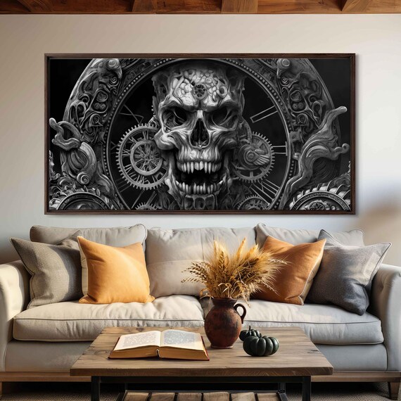 Gothic Skull Clock Steampunk Gears Monochrome Ink Art Halloween Poster