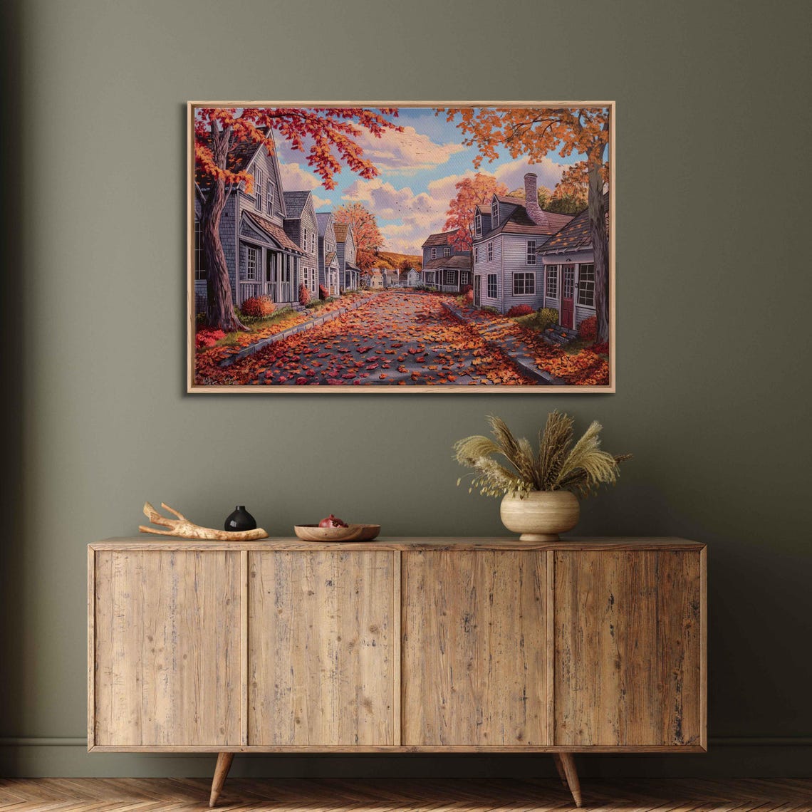 Charming Village Street In Autumn Leaf Covered Road Painting Poster - Image 3