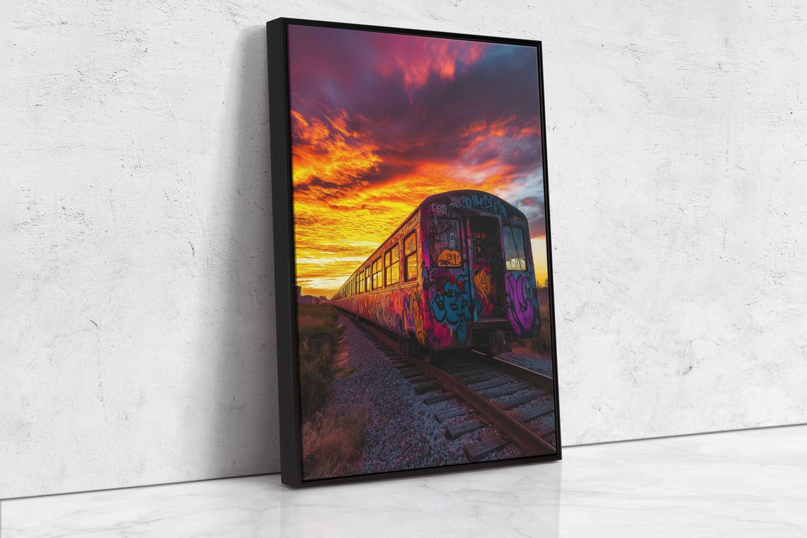 Graffiti Train Car At Sunset Wall Art Print Urban Landscape Colorful Sky - Image 4
