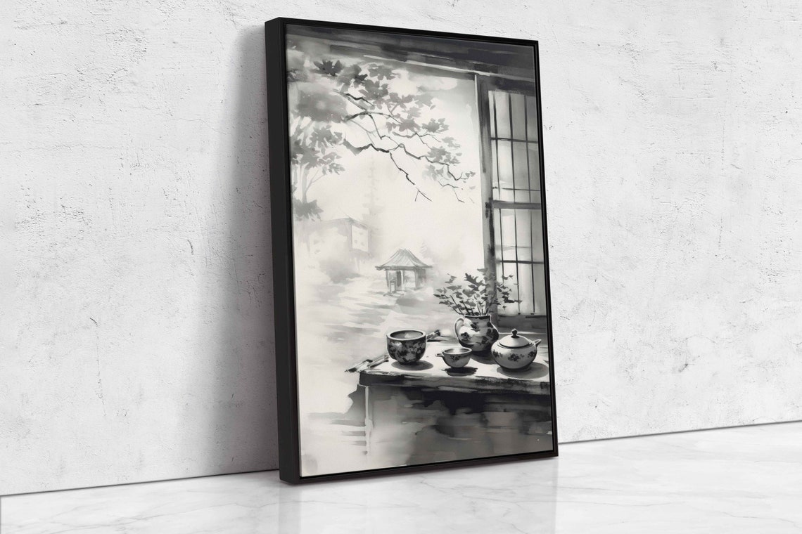 Japanese Ink Tea Set Window View Misty Garden Sumi-e Art Poster - Image 4