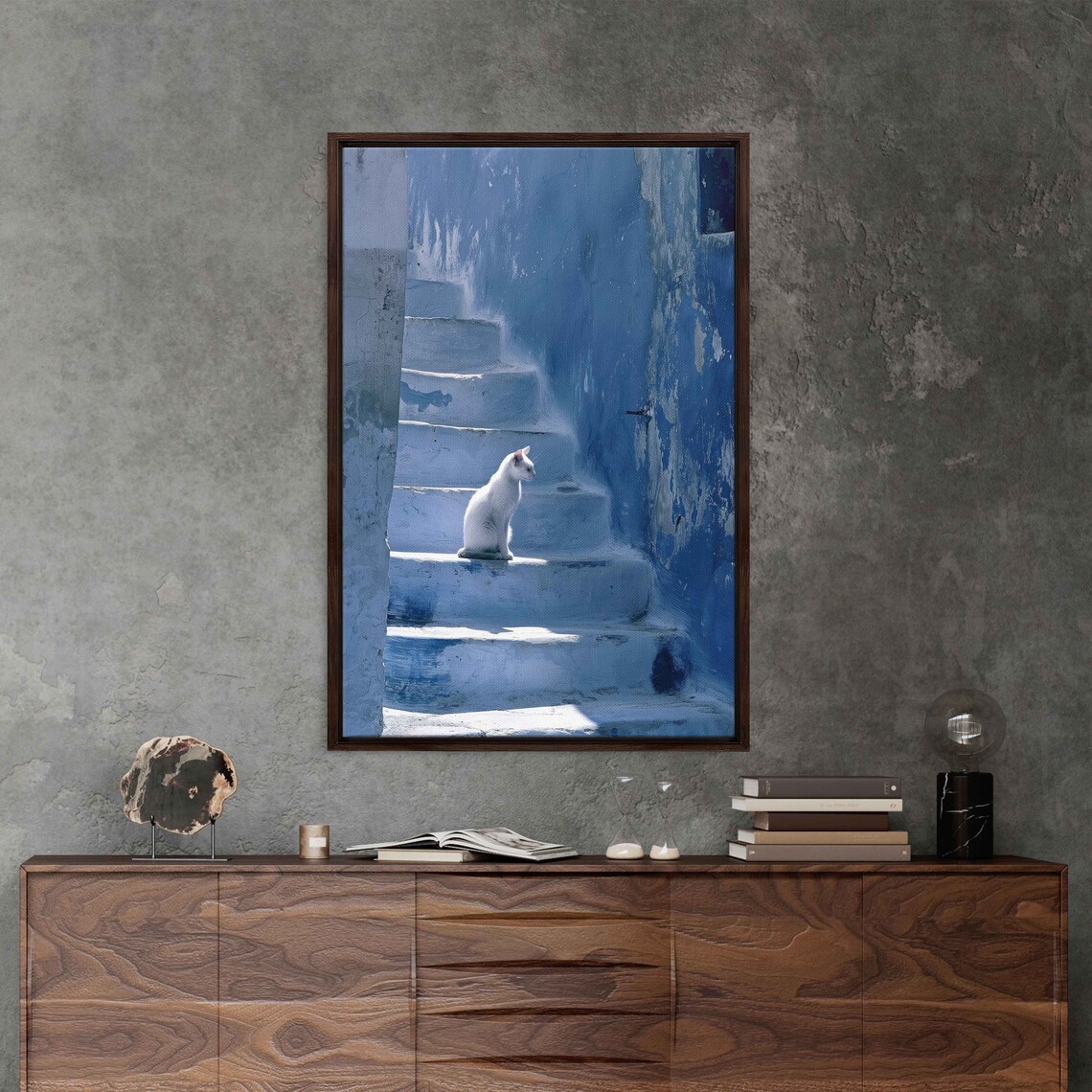 White Cat Resting On Blue Washed Stone Steps Shadow Cool Tones Pet Poster - Image 3