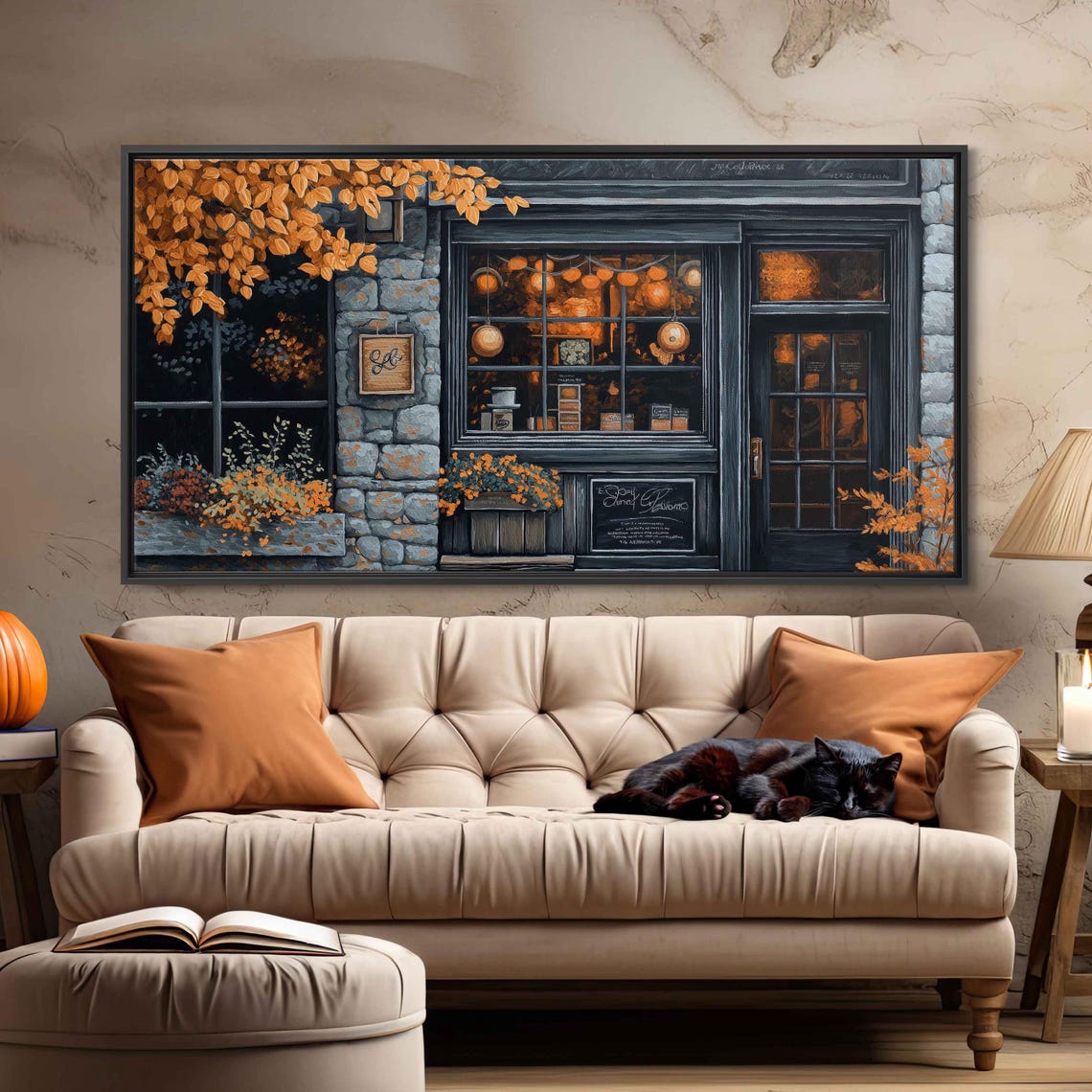 Stone Coffee Shop Night Window Glowing Pumpkins Autumn Leaves Poster - Image 3
