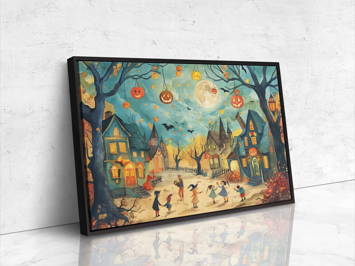 Halloween Village Square Jack O Lanterns Kids Moonlit Night Print - Image 4