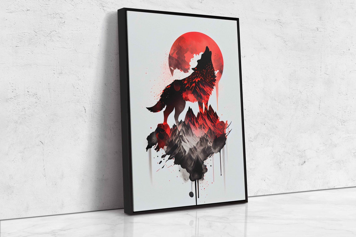 Howling Wolf Red Moon Mountains Red Black Ink Splash Art Animal Poster - Image 4