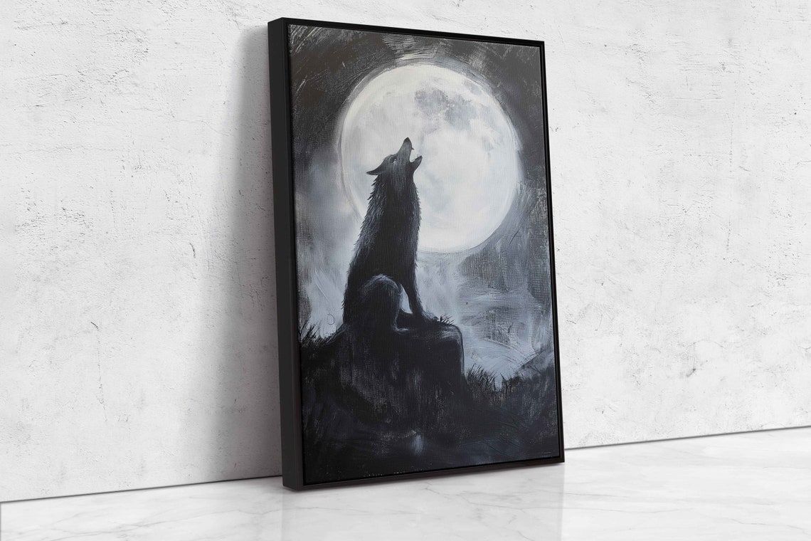 Wolf Howling At Full Moon Black And White Acrylic Painting Poster - Image 4